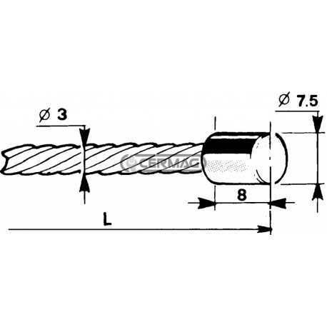 Câble à tête cylindrique Ø 7,5x8  Diamètre câble 3 mm  Longueur 2500 mm