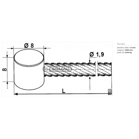 Cable a barillet Ø 8x8  Diamètre câble 1,9 mm  Longueur 2500 mm
